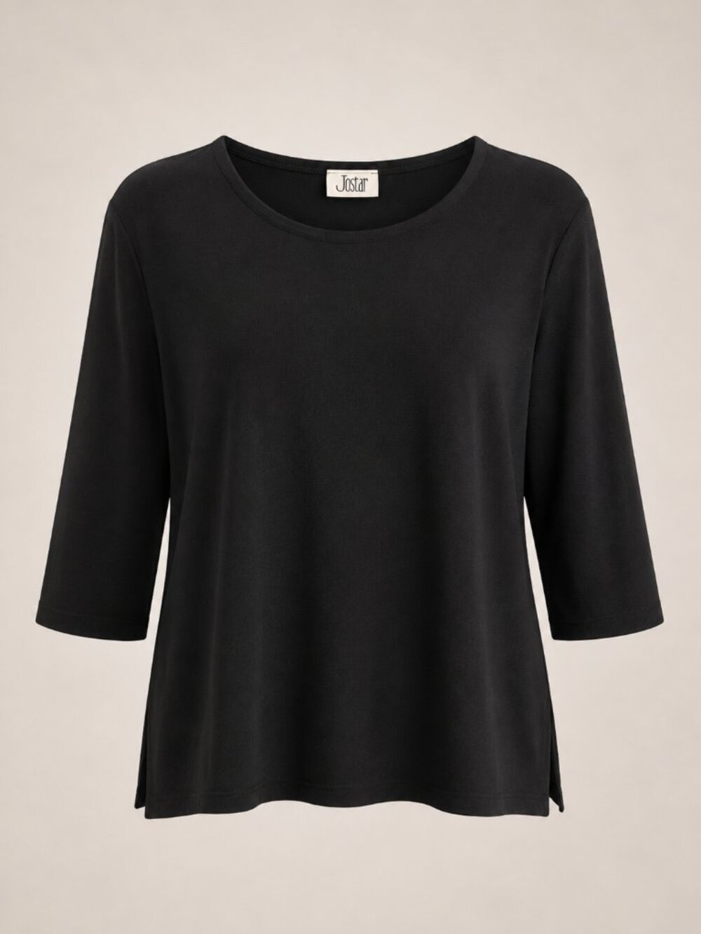 Jostar Black Stretch Knit Top Women's XL 3/4 Sleeve Side Slit Made USA Acetate